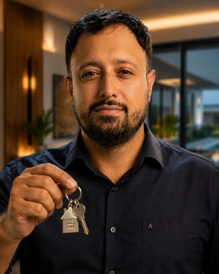 Corretor Thiago Gomes com as chaves de um apartamento na mão