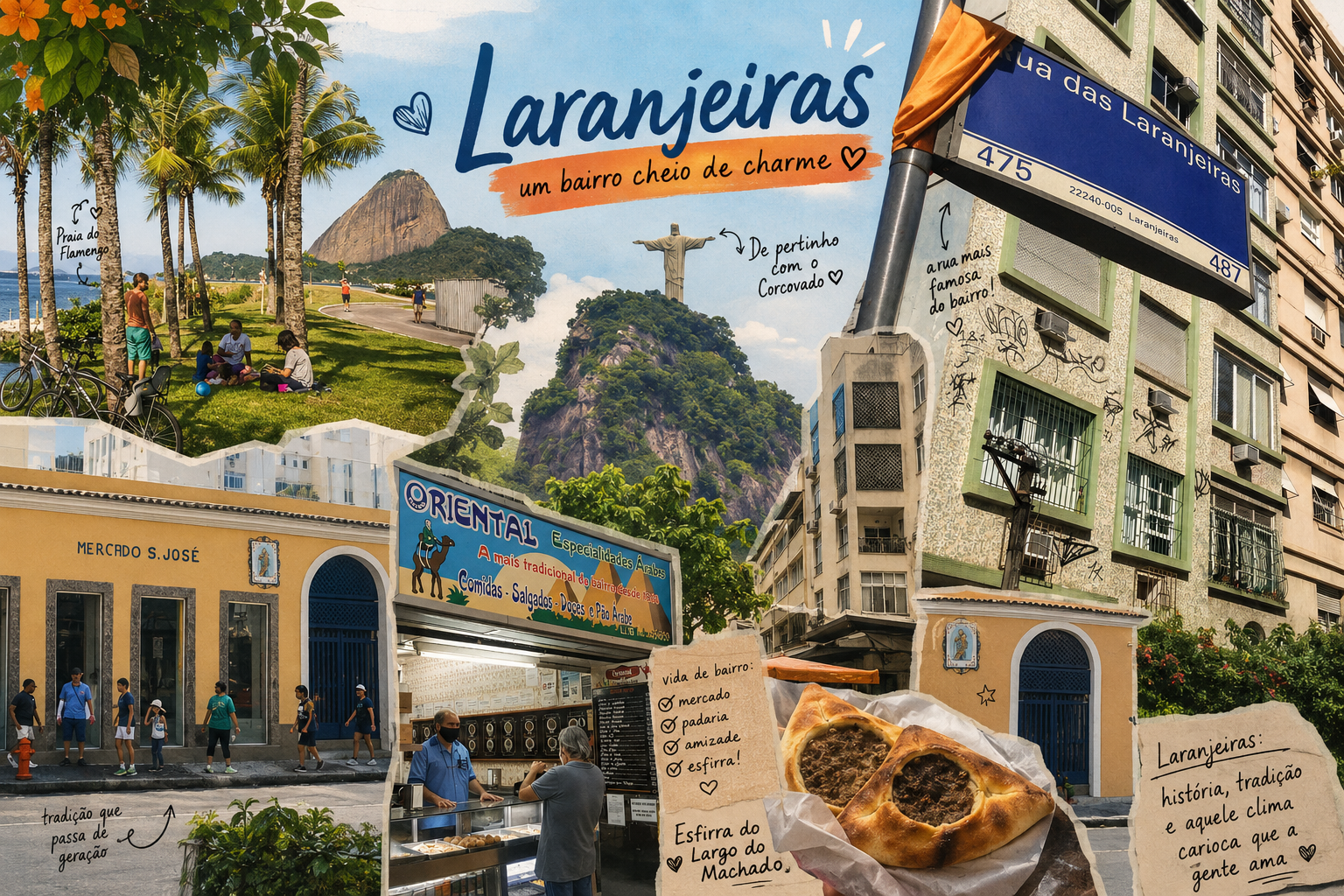Imagem mostrando o cristo redentor, a esfirra do largo do machado,o mercadinho são josé, todos juntos representando o bairro das laranjeiras